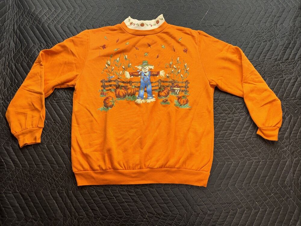 Vintage 90s Orange Fall Pumpkin Harvest Granny Sweatshirt Scarecrow Med